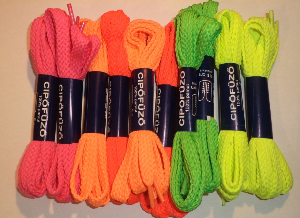 Neon színű cipőfűző MIX csomag, 110 cm, 360 Ft/pár,  (10 pár/csomag)   